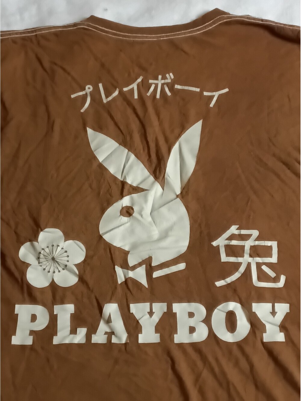 Playboy Japan T-Shirt Medium Brown Japanese Characters Double Sided Graphics